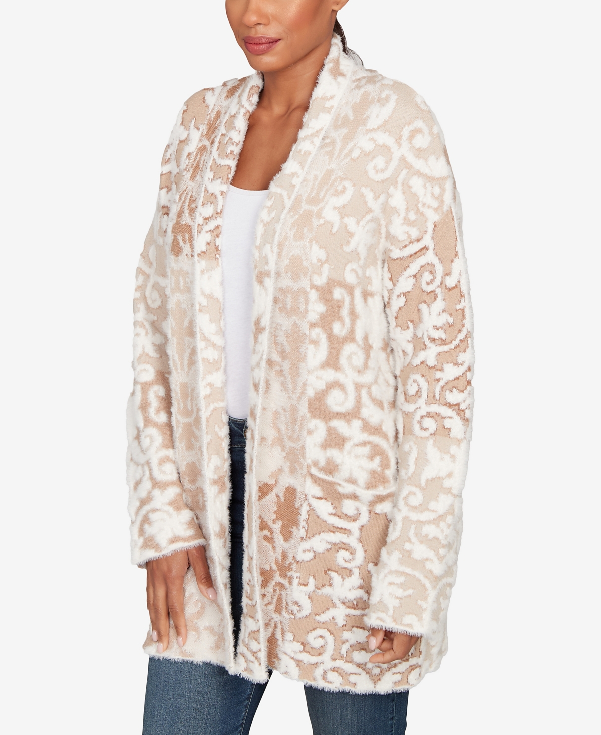 Ruby Rd. Petite Eyelash Scroll Jacquard Cardigan Sweater