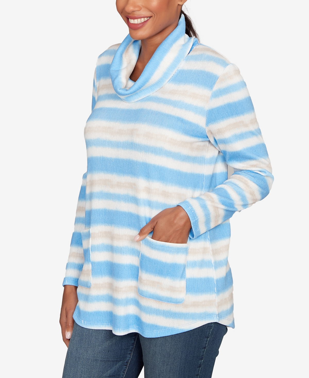 Ruby Rd. Petite Ribbed Stripe Patch Pocket Knit Top In Multi