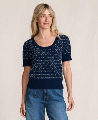 Women's Fine Gauge Cotton Jacquard Scoop Neck Sweater