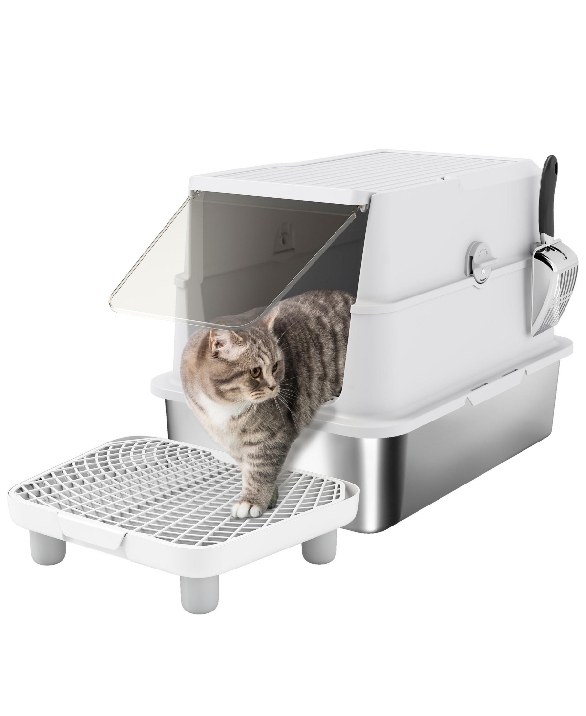 PawHut Xl Stainless Steel Cat Litter Box for Big Cats with Flip Cover