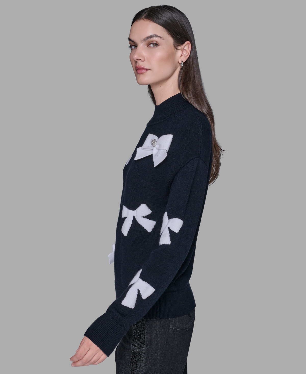 Karl Lagerfeld Petite Bow Long Sleeves Sweater In Black