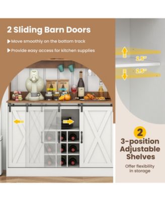 Farmhouse Coffee Bar Cabinet with Charging Station and Sliding Barn Doors