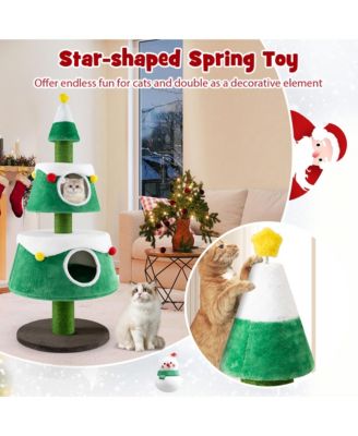 Christmas Cat Tree for Indoor Cats w/ 2 Condos Sisal Scratching Posts Spring Toy