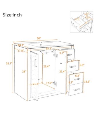 36inch Bathroom Vanity with Ceramic Sink Combo Solid Wood Frame Bathroom Storage Cabinet Freestanding Vanity Set with 3 Drawers Soft Closing Doors