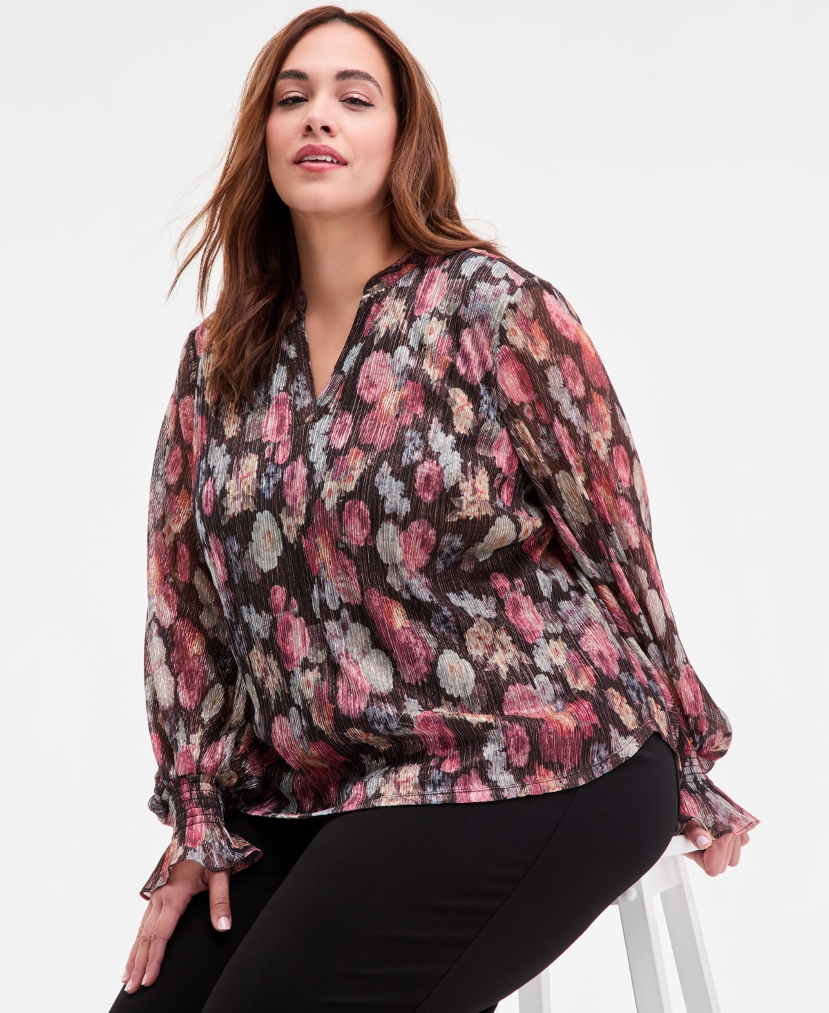 Vince Camuto Plus Size Long-sleeve V-neck Top In Multi