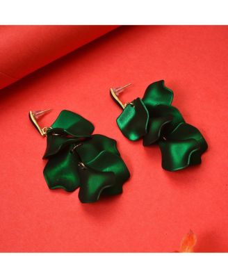 Women's Green  Metallic Petal Drop Earrings