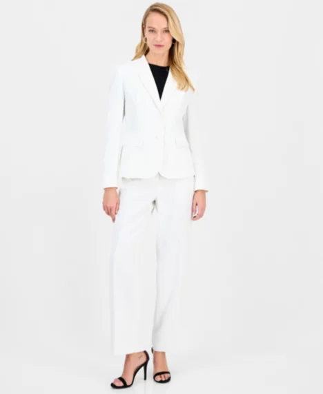 Women's Pinstripe Shawl-Collar Mid-Rise Pantsuit, Regular & Petites - Vanilla Ice/black