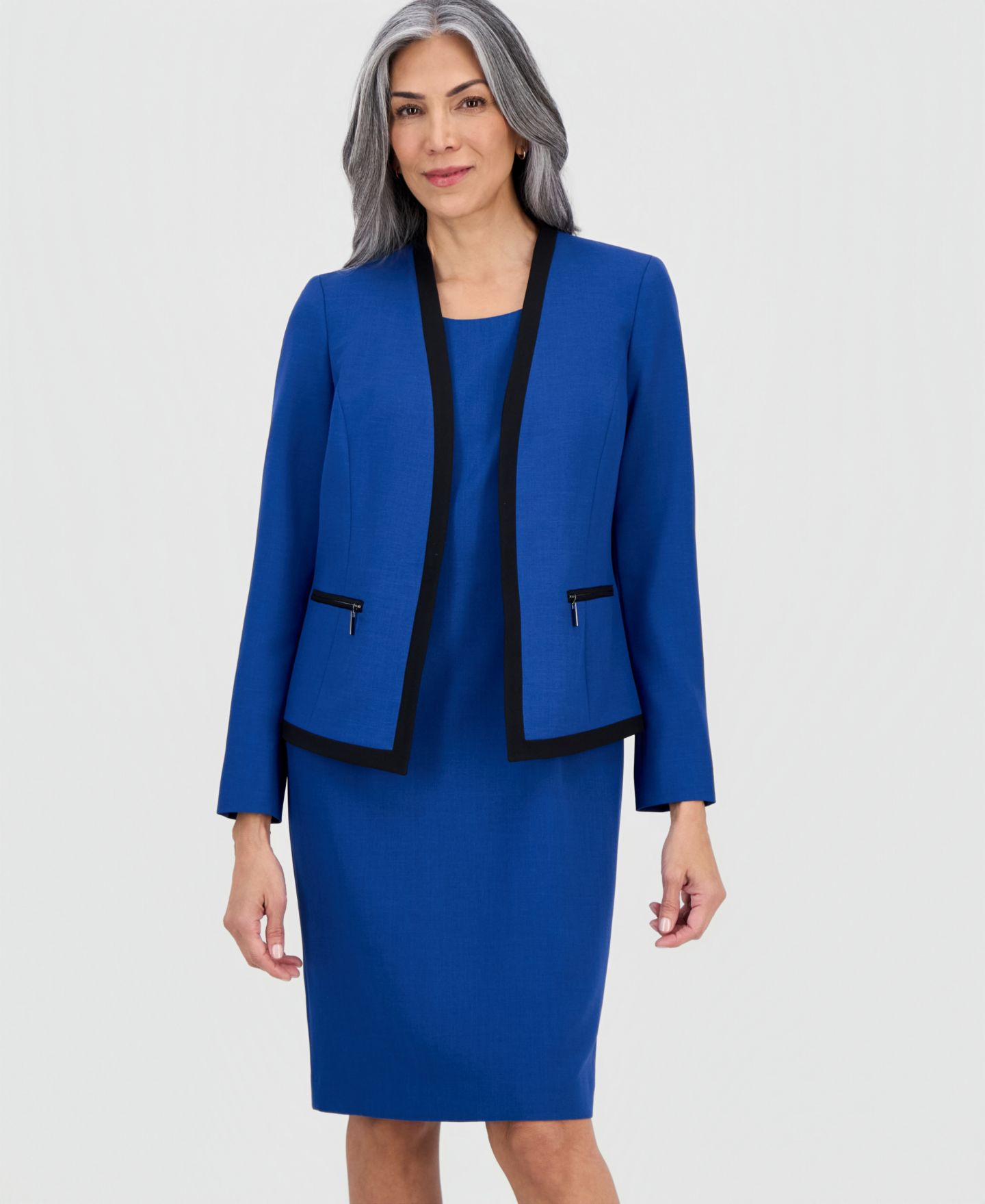 Женские платья Le Suit Collarless Open-Front Ponte Jacket & 2 Piece Dress Suit, Regular & Petites, цвет: Синий ночной / Чёрный — фото 3