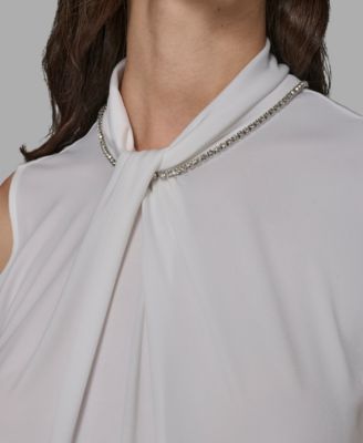 Women's Sleeveless Rhinestone-Collar Knit Top