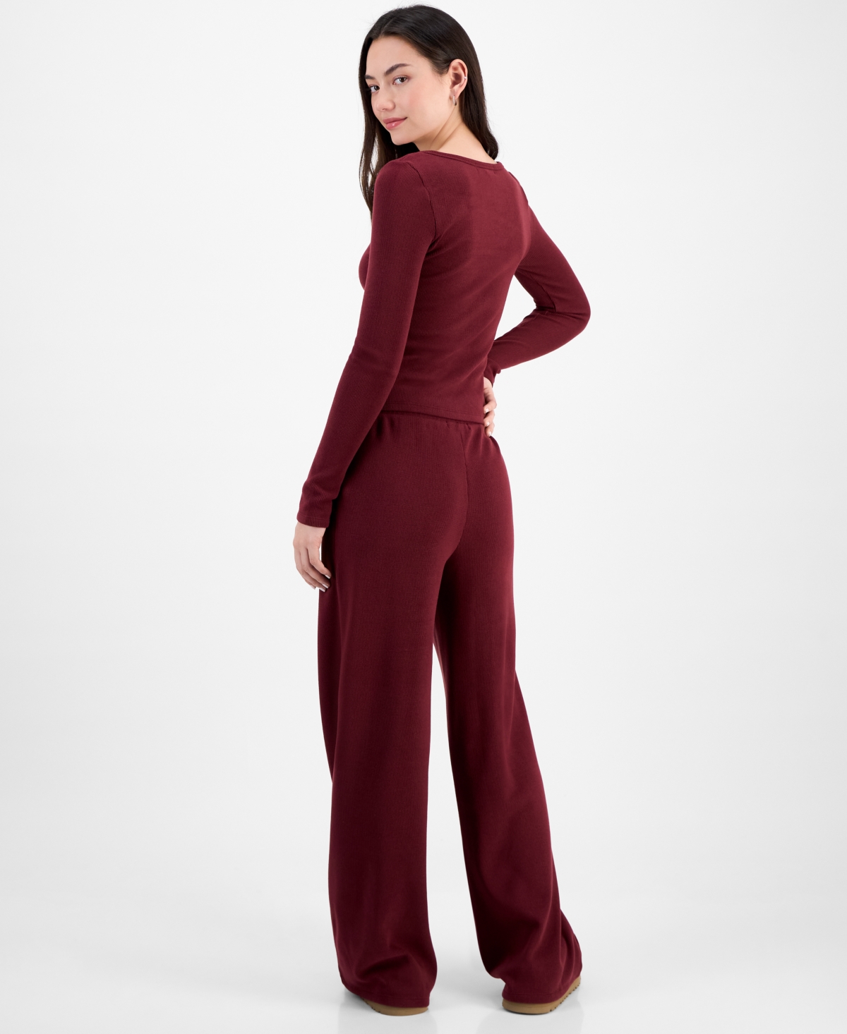 Madden Girl Juniors' Hacci-knit Wide-leg Sweatpants In Burgundy