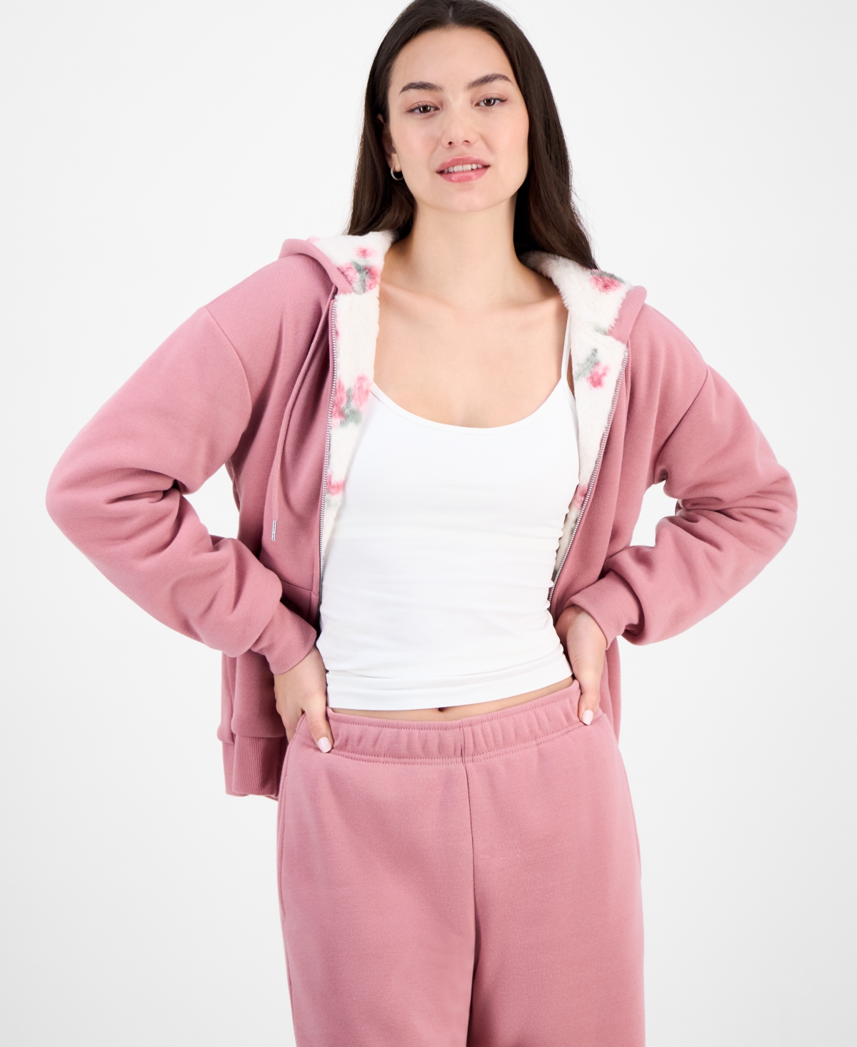 Ultra Flirt Juniors' Full-zip Faux-fur-lined Hoodie In Pink