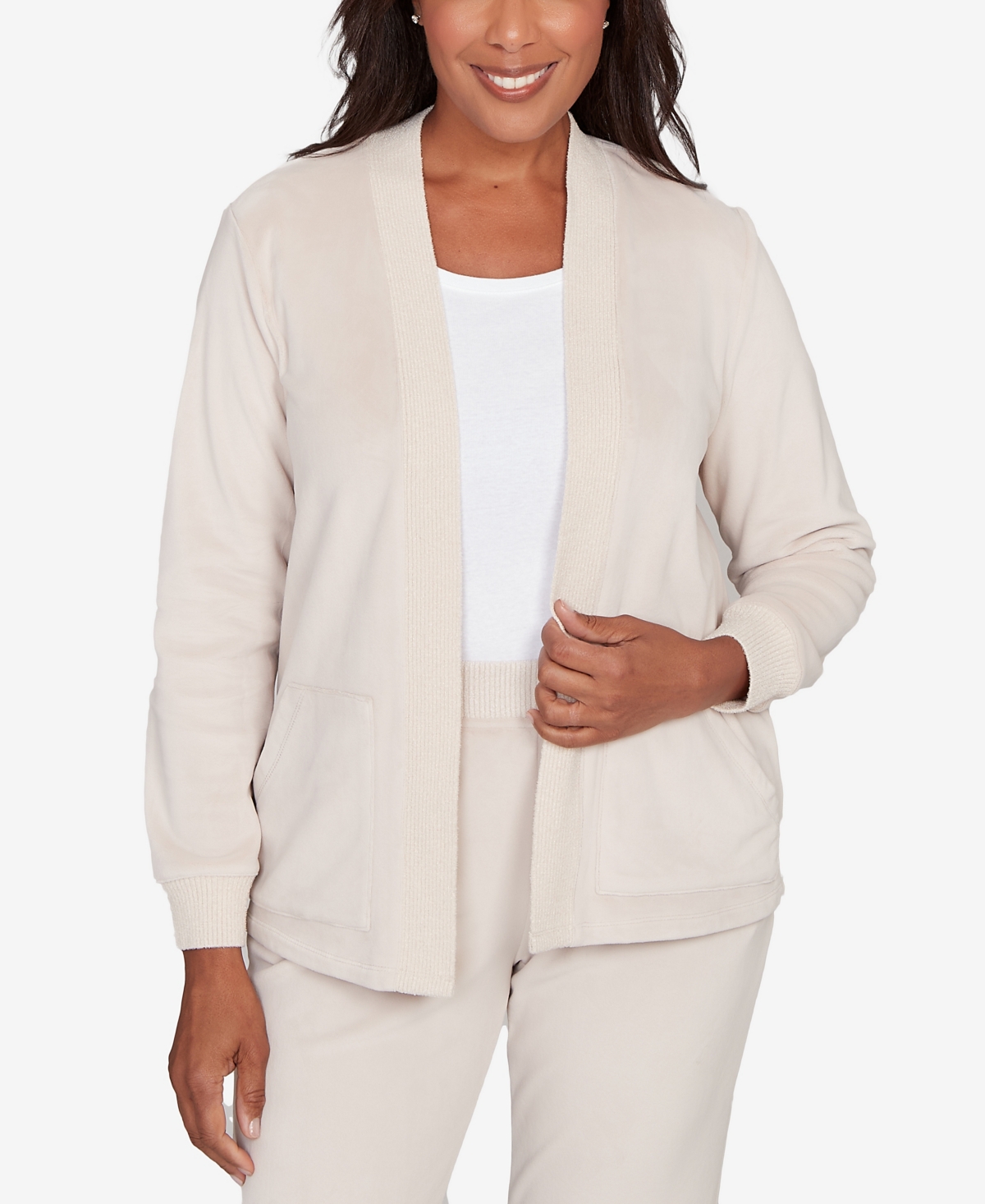 Alfred Dunner Petite Calm Luxe Open Front Rib Trim Cardigan In Neutral