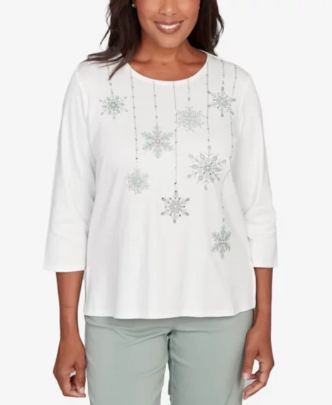 Petite Stockbridge Snowflake Cultivated Pearl Studded Shimmer Top - Ivory