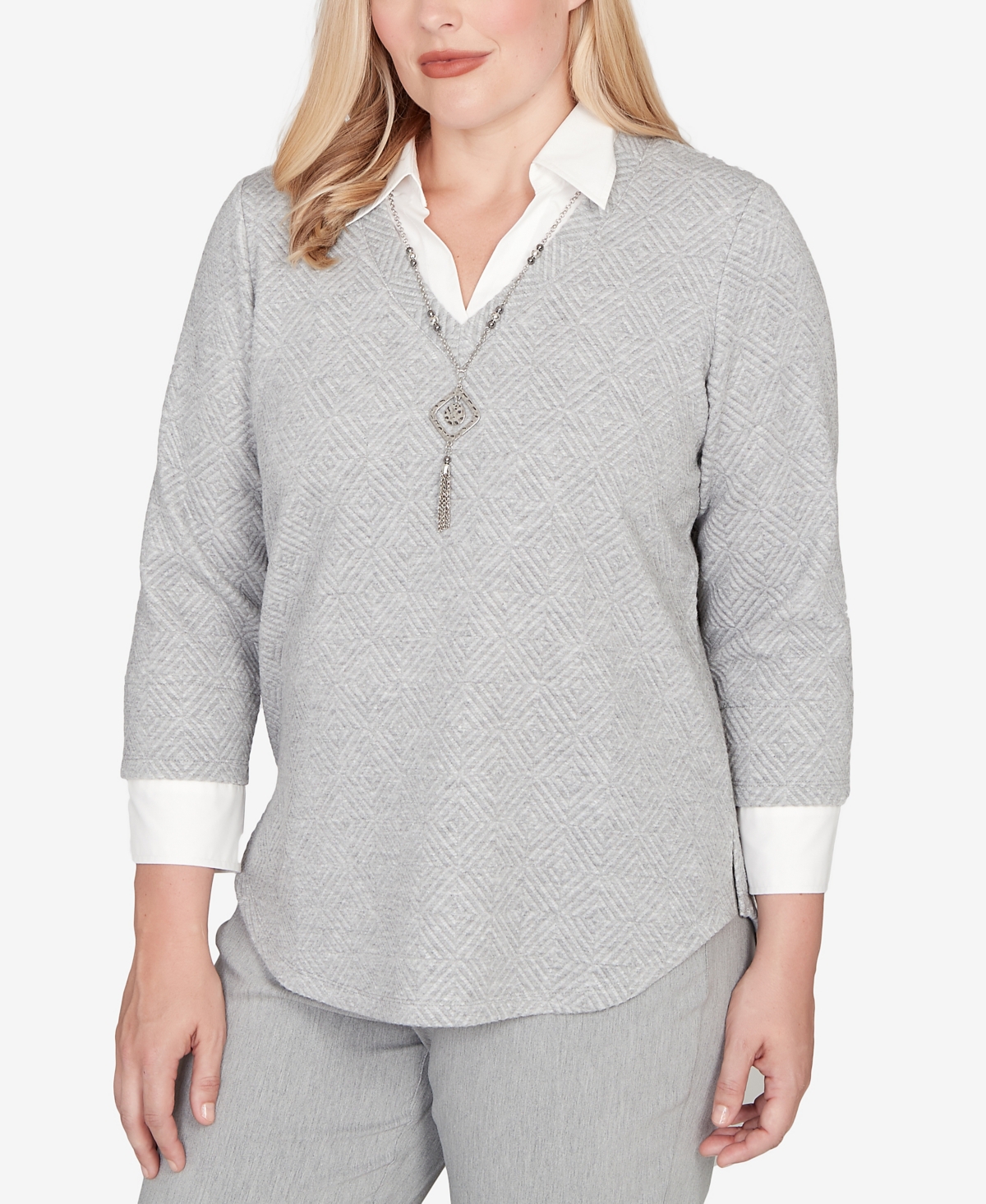 Alfred Dunner Petite Stockbridge Diamond Jacquard Two In One Top With Necklace In Gray