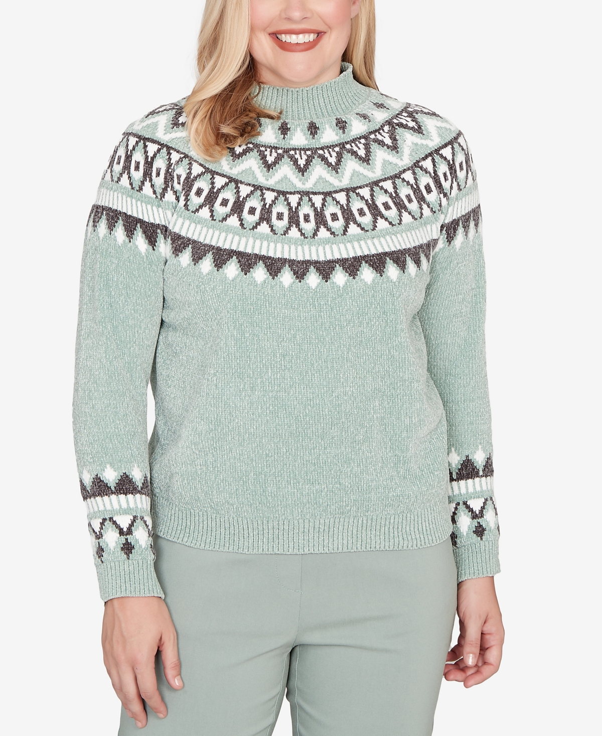 Alfred Dunner Petite Stockbridge Fair Isle Pattern Chenille Sweater In Green