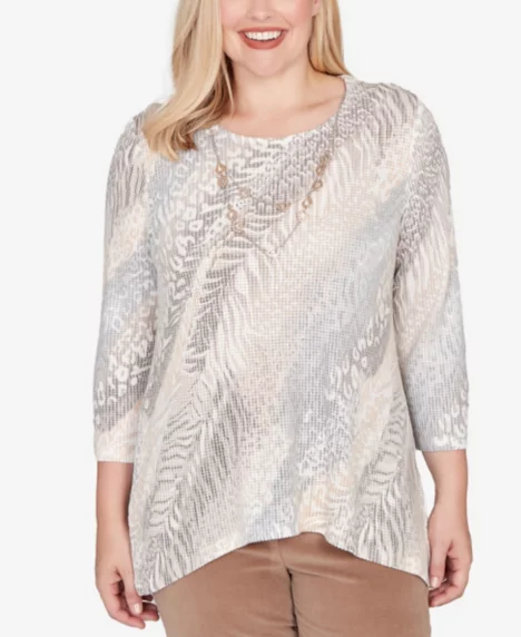 Petite Vienna Diagonal Animal Print Top with Necklace - Latte Multi