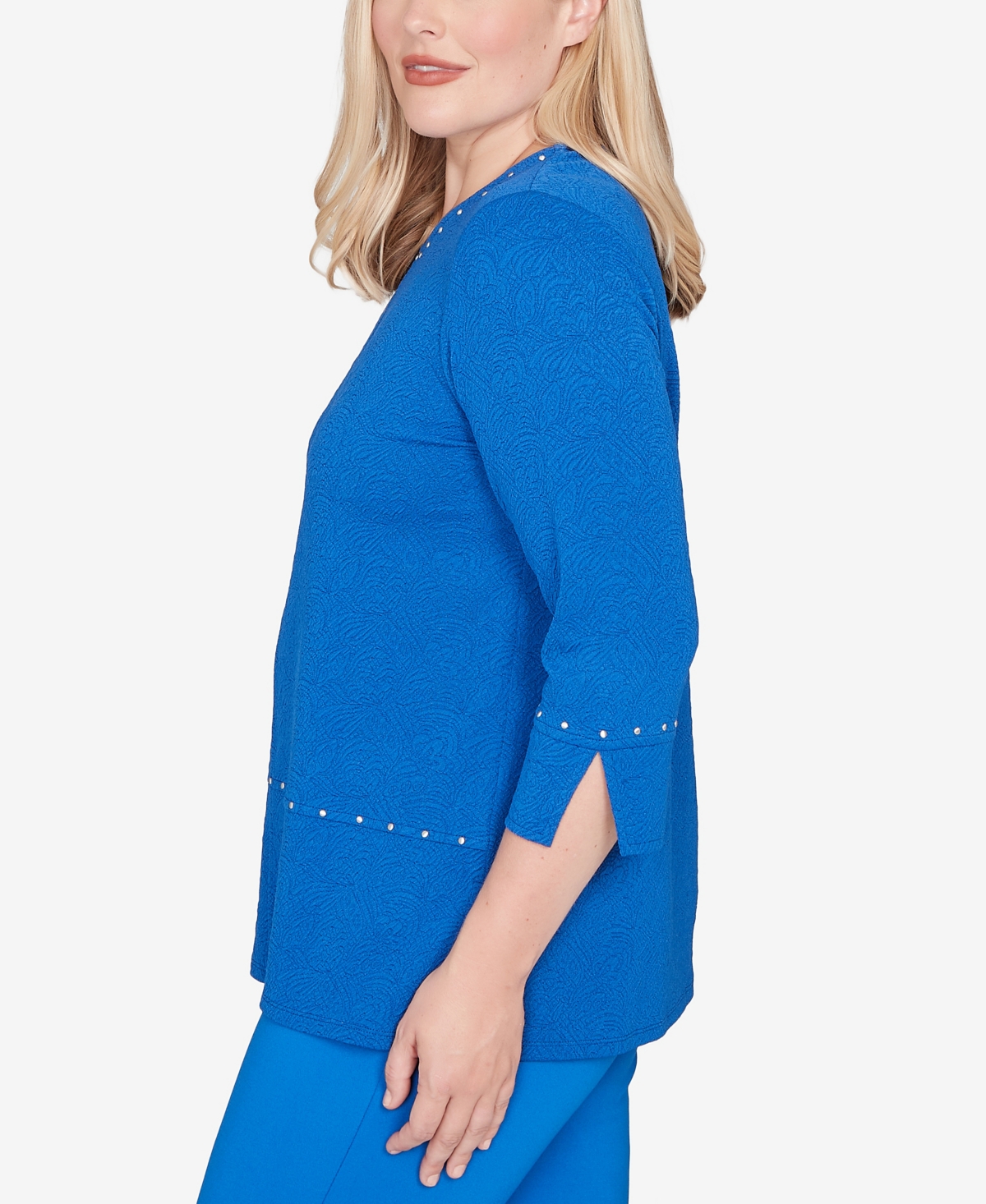 Alfred Dunner Petite Barcelona Solid Floral Jacquard Knit Top In Blue