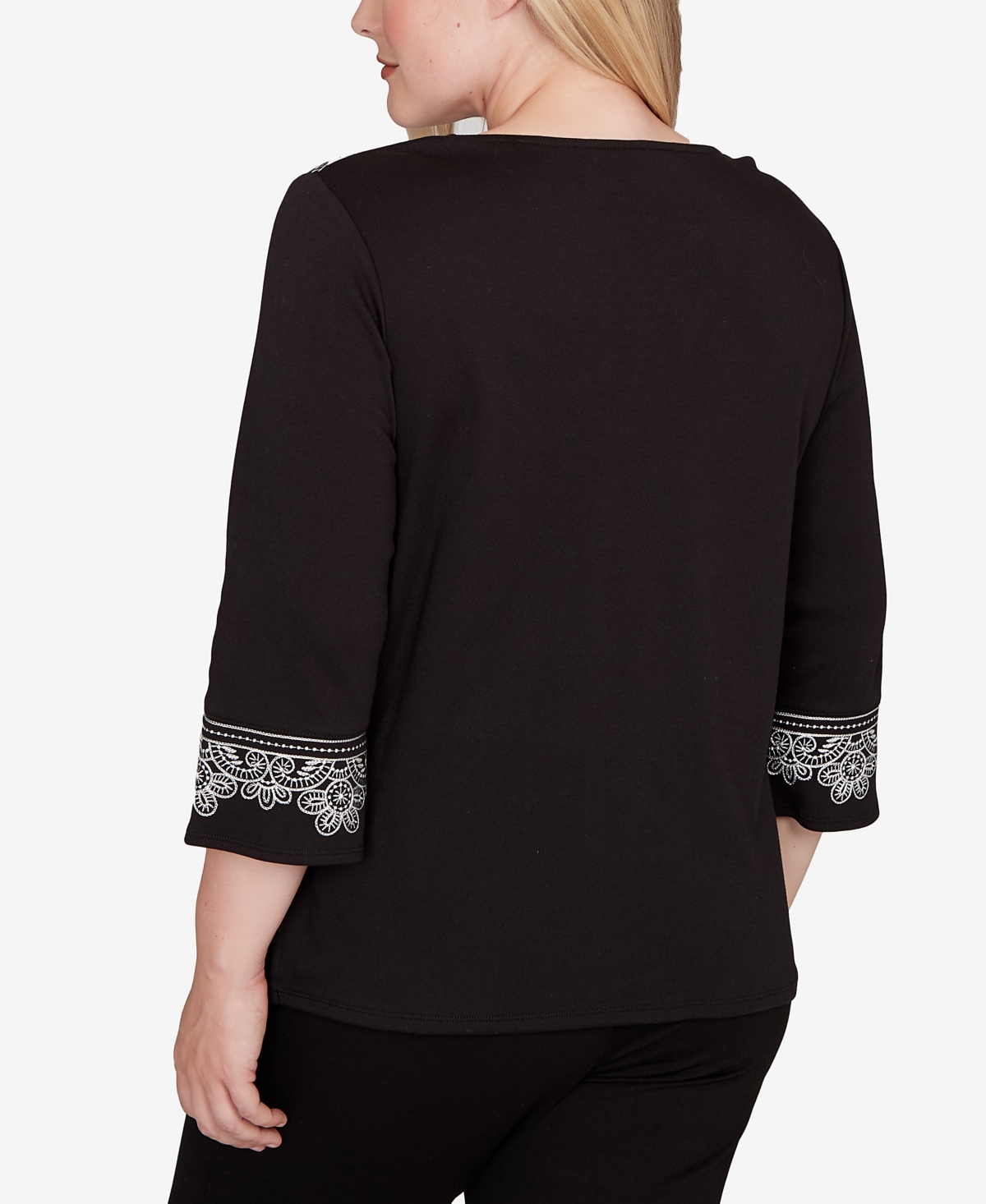 Alfred Dunner Petite Barcelona Embroidered Scroll Accent Soft Knit Top In Black