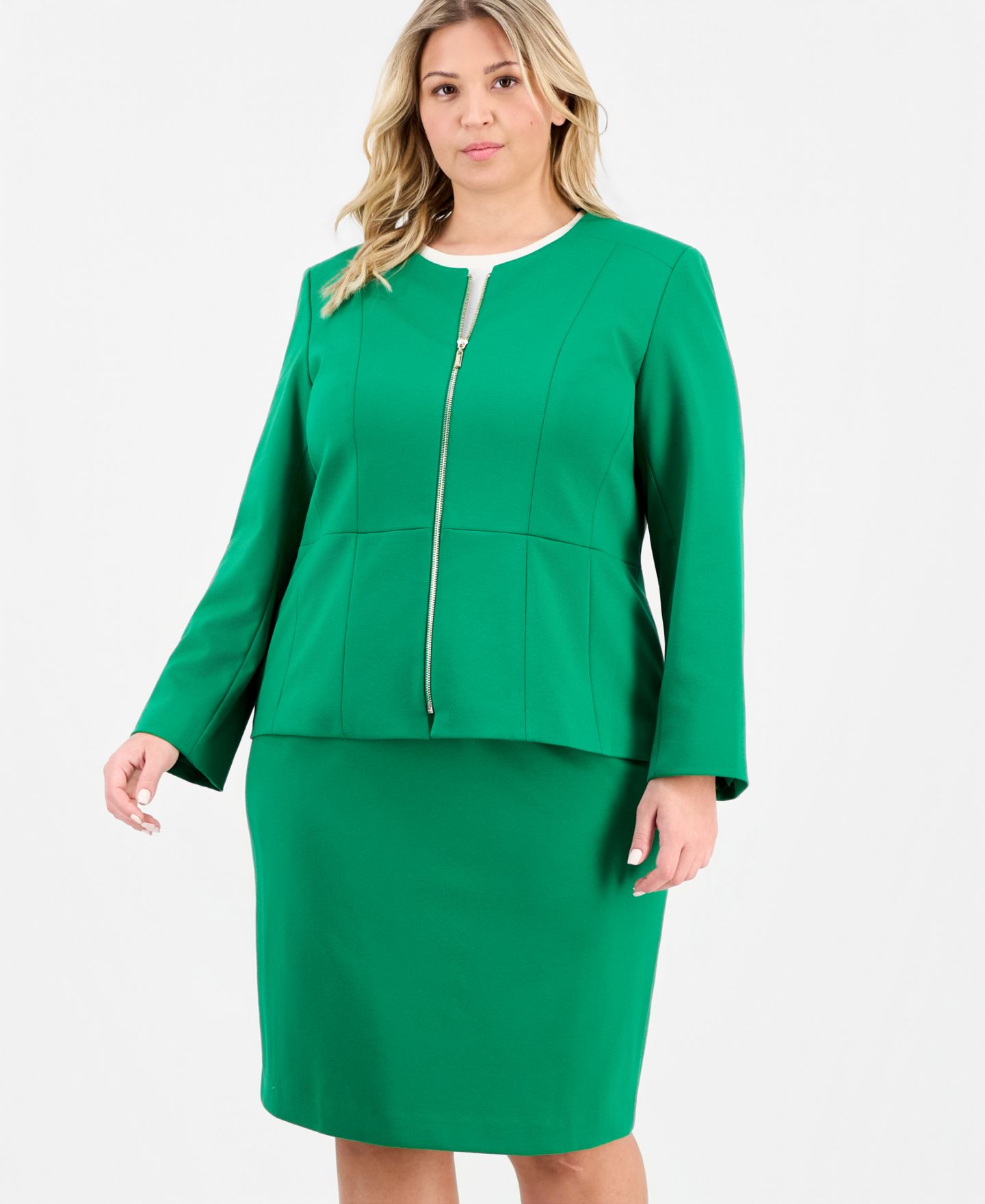 Женский комплект Le Suit Plus Size Zip-Front Ponte Jacket & Slim-Fit 2 Piece Skirt Suit, цвет: Зелёный — фото 3