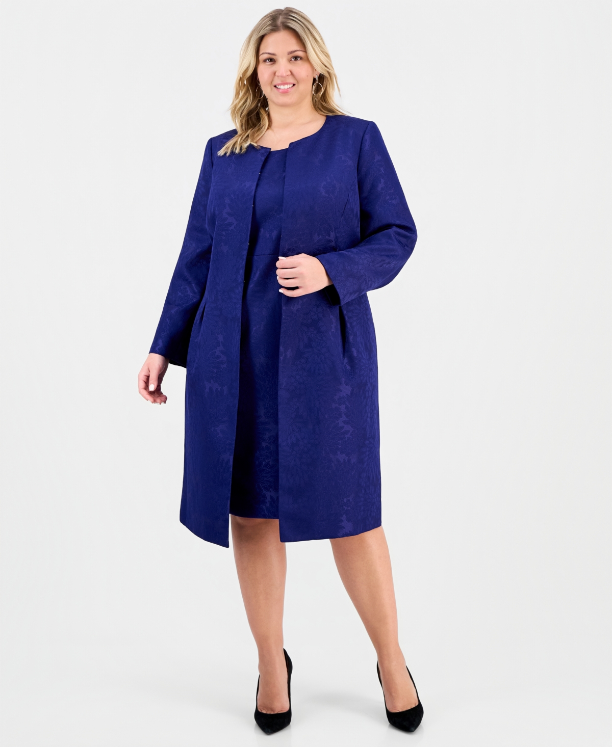 Le Suit Plus Size Floral-jacquard Topper & Sheath Dress Set In Blue