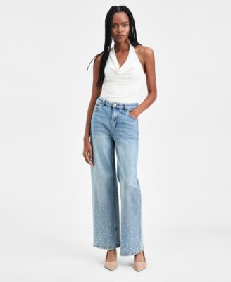 Bar III - Women's Rhinestone Embellished Wide-Leg Jeans