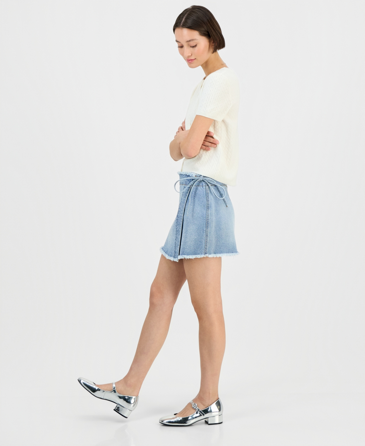 Celebrity Pink Juniors' Embellished Denim Wrap Skirt In White