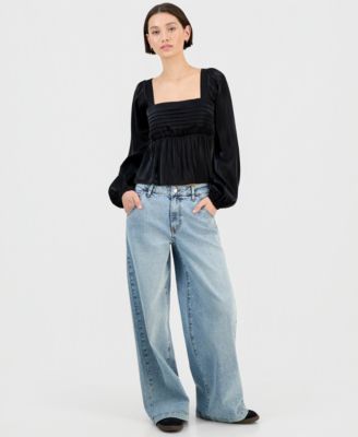 Juniors' Embellished Mid-Rise Wide-Leg Jeans 