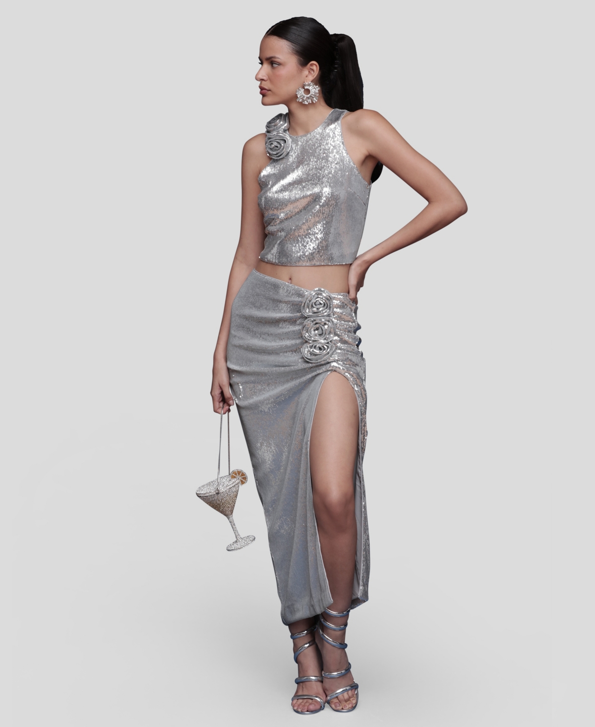 Avec Les Filles Sequin Crop Top In Silver