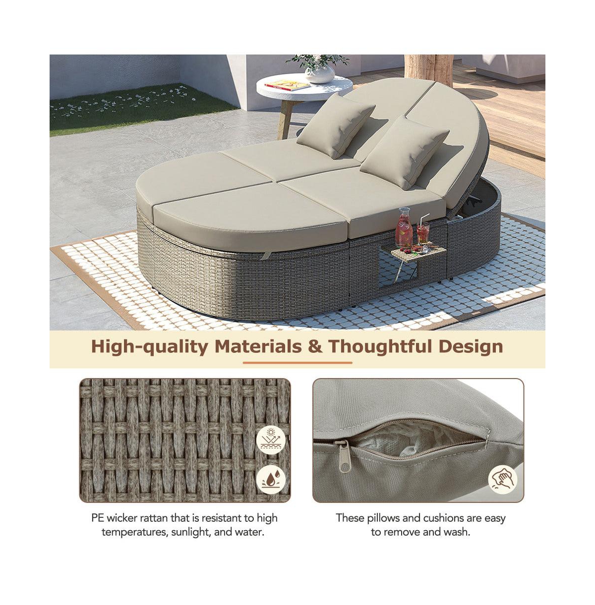 Chic Crate - Beige 2 1 Padded Chaise Lounges for Deck Balcony Modern Outdoor Daybed with Wood Topped Side Spaces