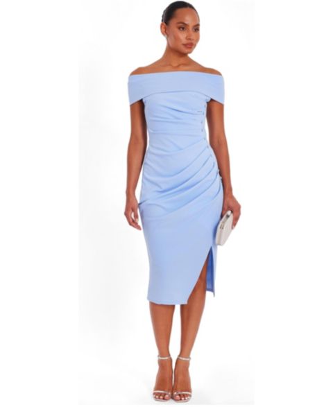 Женское платье QUIZ Scuba Crepe Bardot Ruched Midi, цвет: Бледный синий