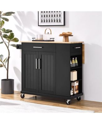 36” H Kitchen Island Cart on Wheels with Solid Wood Top & Storage