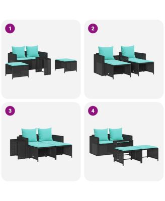 5 Piece Patio Sofa Set with Cushions Stackable Black Poly Rattan