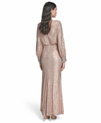 Women's Embroidered Cuff Boat Neck Long Gown