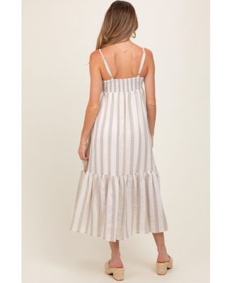 Beige Wide Stripe Linen Blend Sleeveless Maternity Maxi Dress