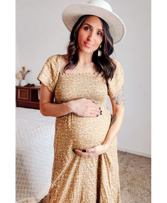 Maternity Mustard Floral Smocked Maxi Dress