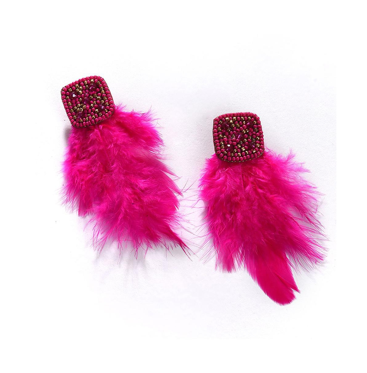 Sohi Women's Pink Beaded Feather Drop Earrings In Pink