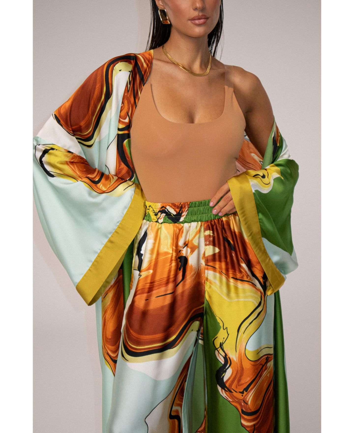 Женские куртки JLUXLABEL Nola Maxi Duster, цвет: Зелёный с принтом — фото 2