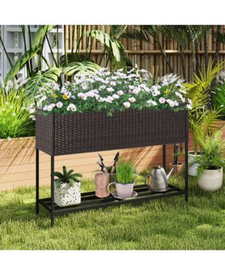 Elevated Planter Box Raised Garden Bed w/ Rattan Surface Bottom Storage Shelf & Removable Liner