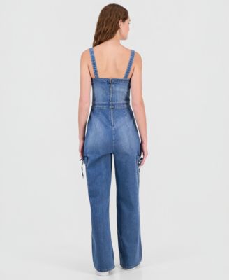 Juniors' Tie-Waist Denim Wide-Leg Jumpsuit