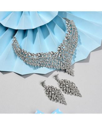 Women's Silver Leaf Bling Cluster Necklace And Earrings (Set Of 2)