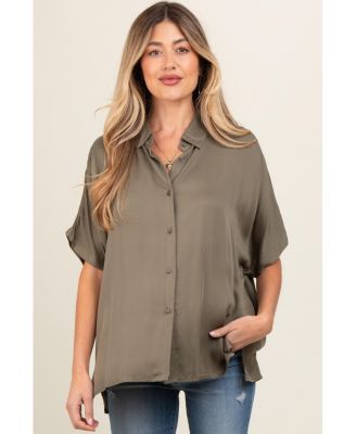 Maternity Taupe Dolman Sleeve Button Down Blouse