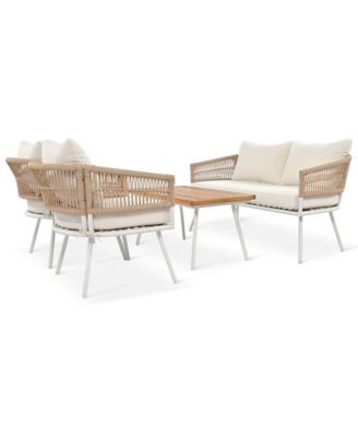 - 4-Piece Patio Furniture Set with Acacia Wood Table - Creamy Beige