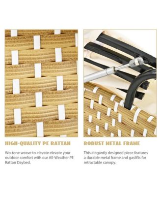 - Rattan Daybed Outdoor Sectional Sofa Set - Retractable Canopy - Beige