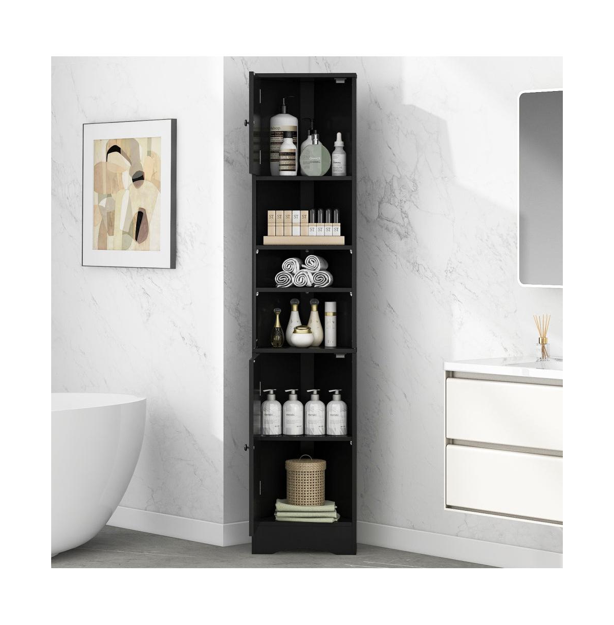 Chic Crate-Multi-Functional Corner Cabinet Tall Bathroom Storage w/ 2 Doors & Adj. Shelves + Open Shelf | Black