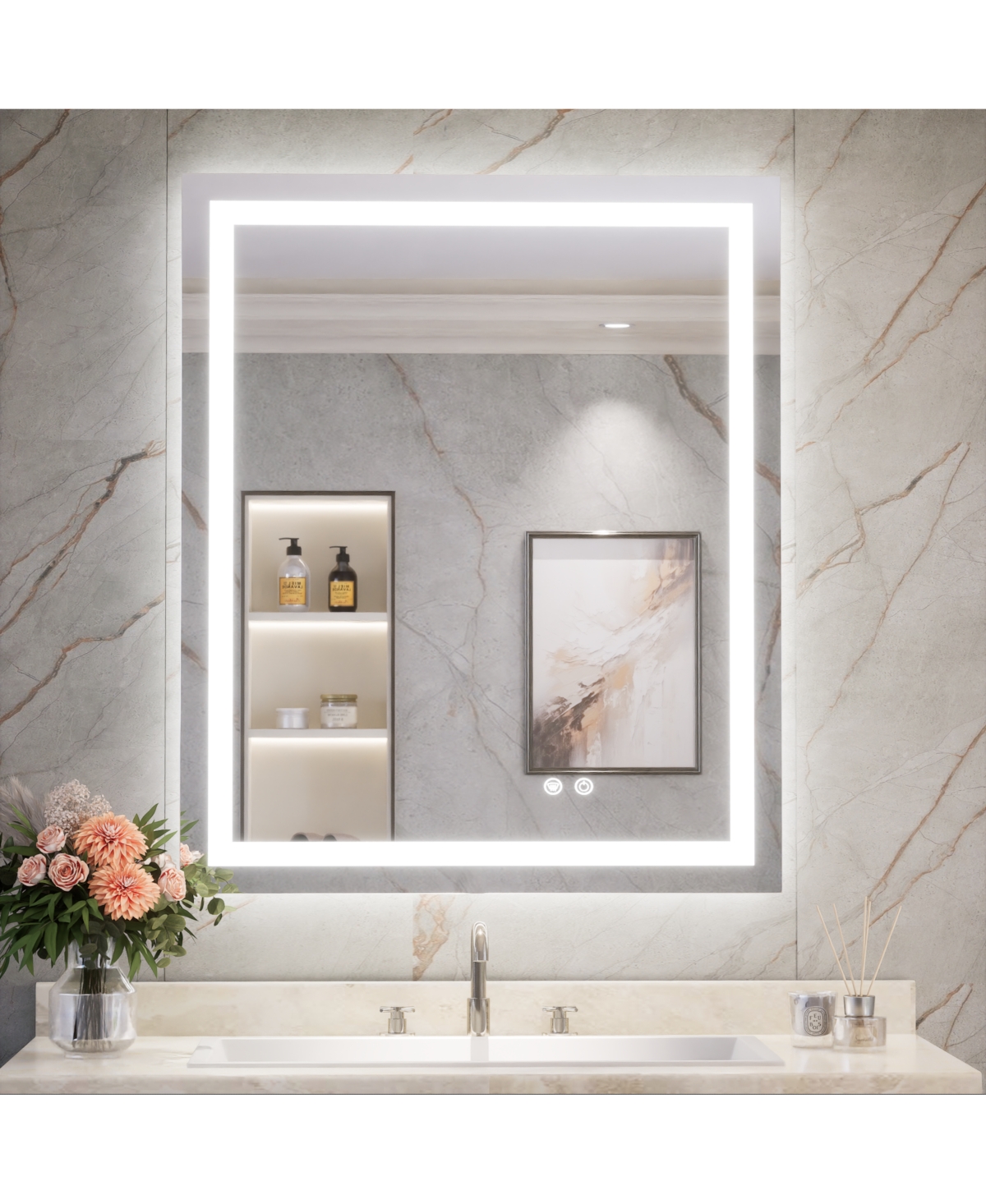keonjinn Inch Led Bathroom Vanity Mirror Tempered Glass Front & Backlit Dimmable 3 Color Lighted Mirror Anti-fog Memory Function Frameless