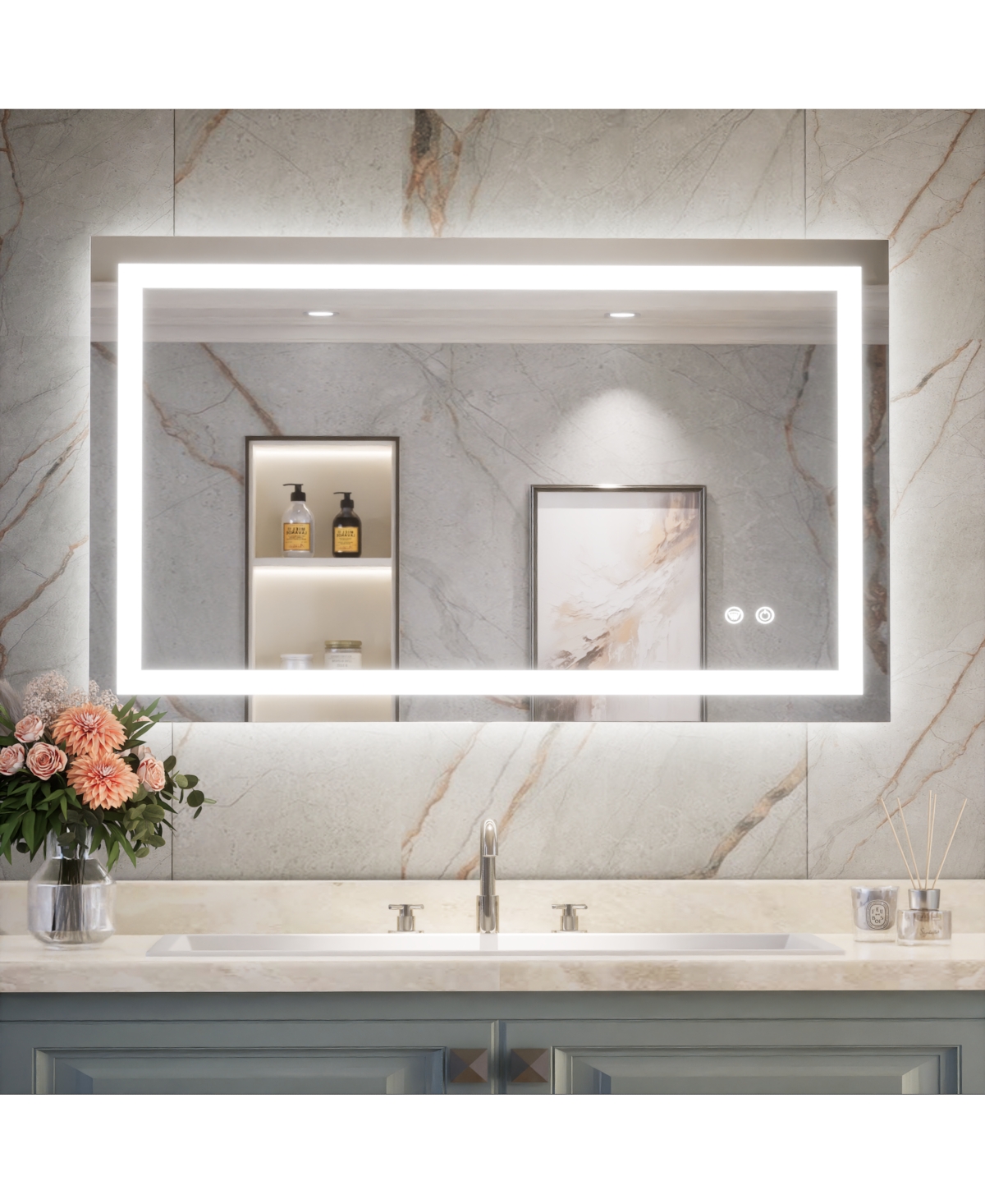 keonjinn Inch Led Bathroom Vanity Mirror Tempered Glass Front & Backlit Dimmable 3 Color Lighted Mirror Anti-fog Memory Function Frameless