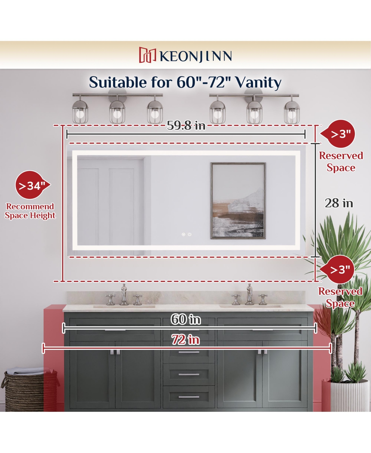 keonjinn Inch Led Bathroom Vanity Mirror Tempered Glass Front & Backlit Dimmable 3 Color Lighted Mirror Anti-fog Memory Function Frameless