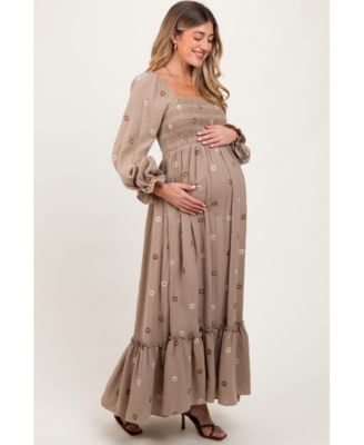Maternity Cream Long Sleeve Floral Accent Dress