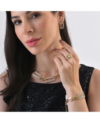 Women's Gold Embellished Geometric Necklace, Earrings, Bracelet And Ring (Set Of 4)