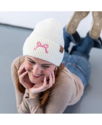 Women's Embroidered Bow Beanie - White